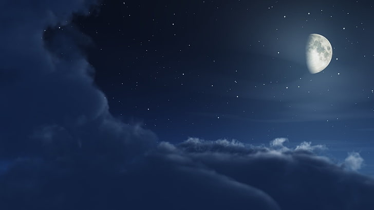 half moon illustration, night, clouds, stars, blue, sky, space, HD wallpaper
