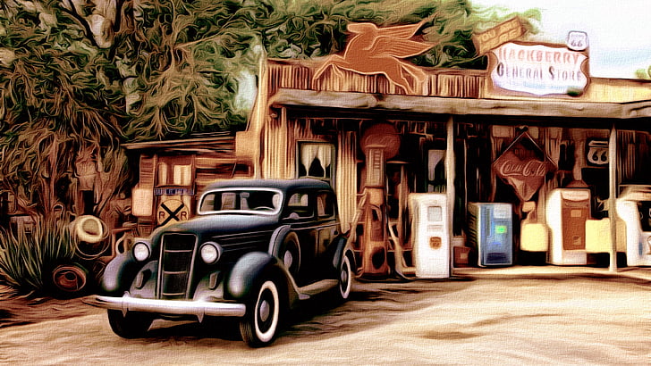service station, classic car, vintage car, antique car, artistic, HD wallpaper