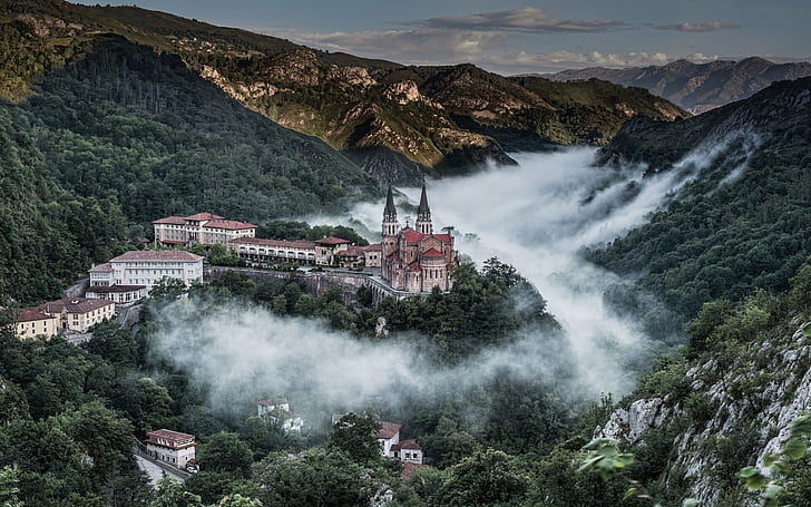 Covadonga, Asturias, Spain, Picos de Europa, house, mountains, trees, castle photo