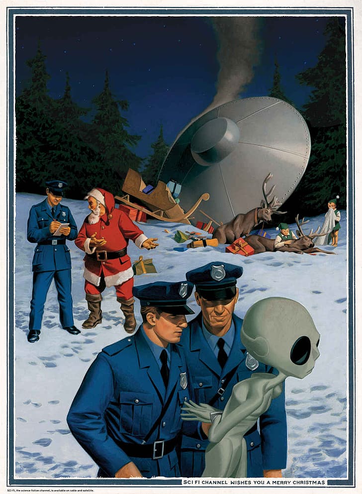 Christmas, Santa Claus, aliens, UFO, police, flying saucers