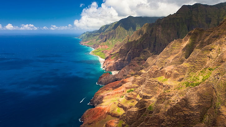 mountains on shore, landscape, Na Pali Coast, sea, Hawaii, scenics - nature