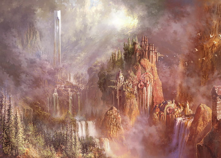 fantasy art, waterfall, architecture, religion, belief, spirituality, HD wallpaper
