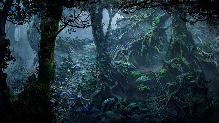 illustration of green trees, fan art, fantasy art, forest, plant