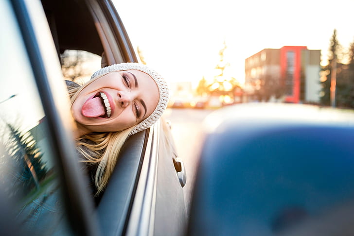 women with cars, tongues, driving, 500px, HD wallpaper