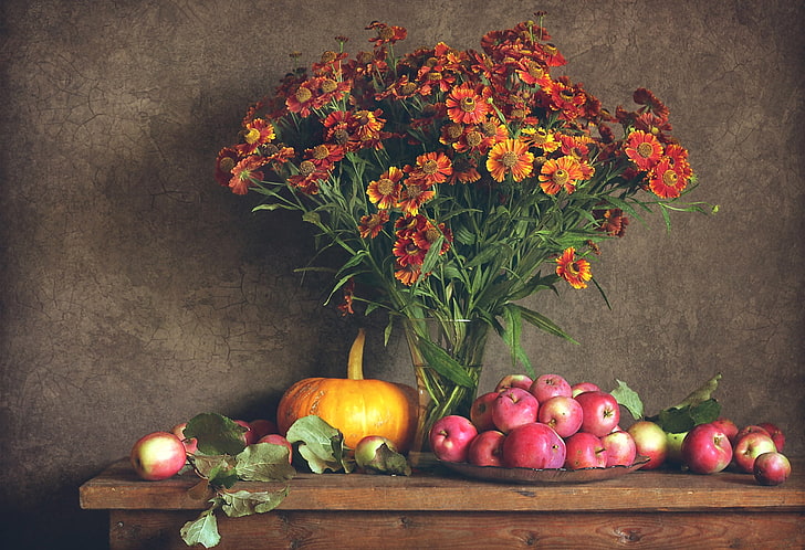 orange and red blanket flower centerpiece, pumpkin, and apples painting