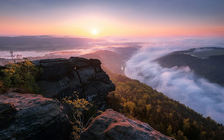 Nature, Landscape, Sunrise, Forest, Mountain, Rock, Clouds, Mist, Saxony, HD wallpaper