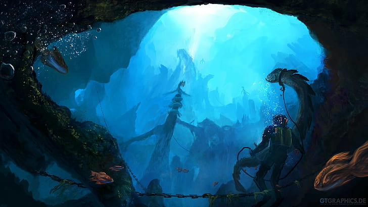 Diver Underwater Drawing Ocean Blue HD, fantasy