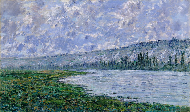 painting of body of water near mountain, claude monet, the seine at vetheuil