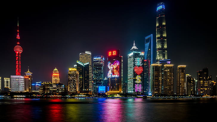 Cities, Shanghai, Building, China, City, Colors, Light, Night, HD wallpaper