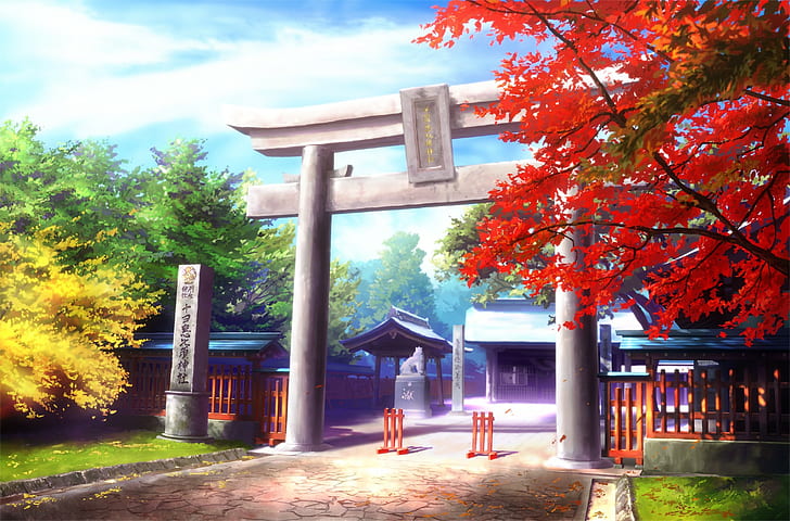 gray torii gate illustration, anime, landscape, tree, plant, built structure