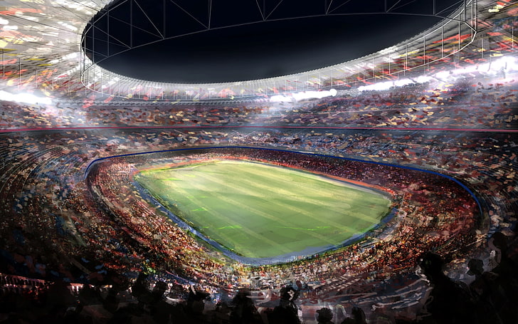 green field stadium, Figure, Football, Barcelona, Camp Nou, night, HD wallpaper