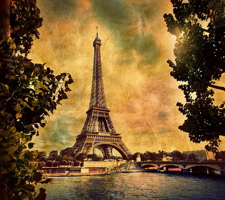 brown and black house painting, Eiffel Tower, Paris, Seine , tree, HD wallpaper