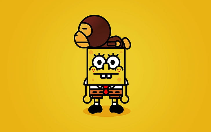 SpongeBob SquarePants, cartoon, yellow background, HD wallpaper