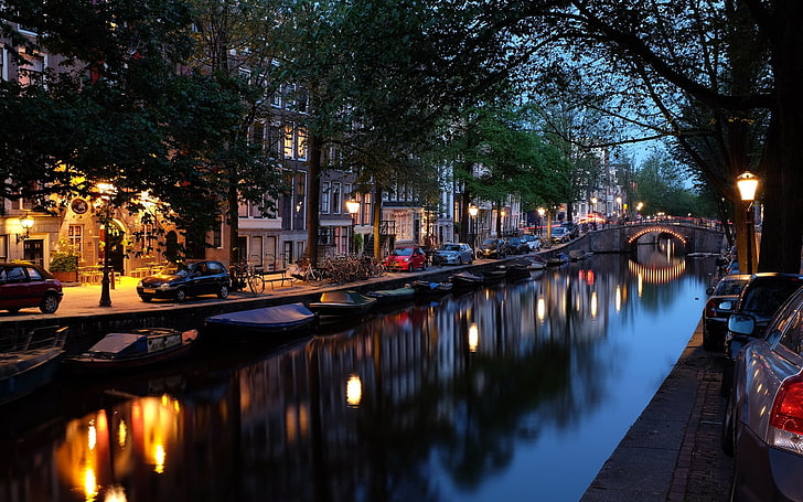 black car, Netherlands, canal, illuminated, architecture, water, HD wallpaper