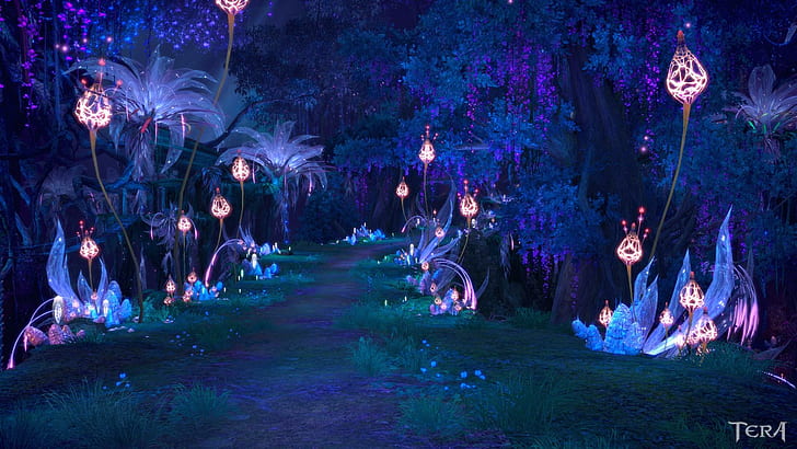 Mystic Woods 3, light flowers, trees, tera, glow, games, HD wallpaper
