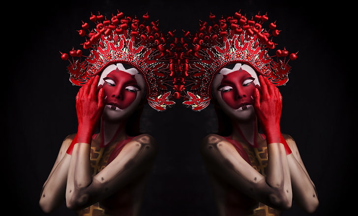 dark, red, women, body paint, mask, portrait, adult, human body part, HD wallpaper