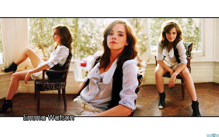 women, Emma Watson, actress, collage, celebrity, brunette, sitting