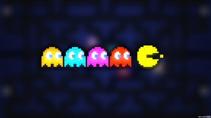 pixel art trixel pacman clyde inky pinky blinky, multi colored