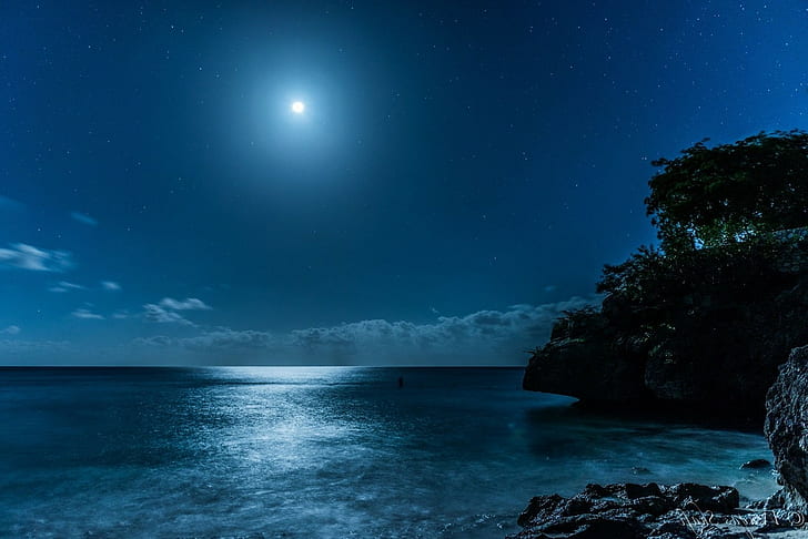 landscape nature caribbean sea starry night moon moonlight island beach blue, HD wallpaper