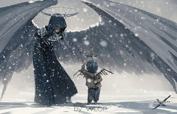 wlop fantasy art angel snow ghost blade, winter, cold temperature