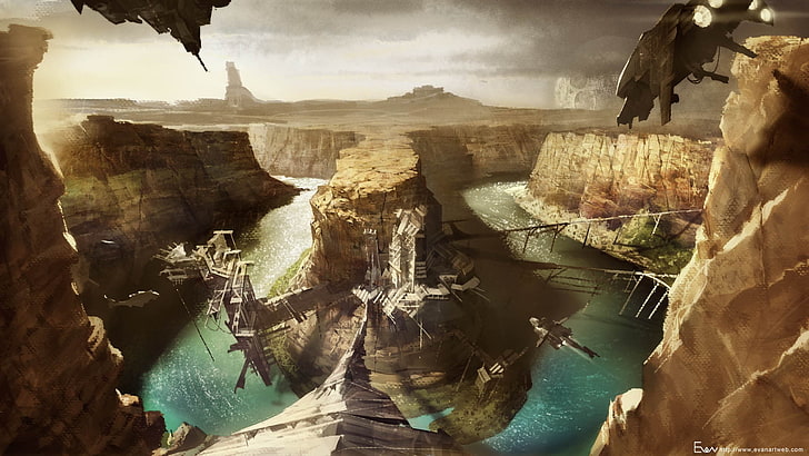 game digital wallpaper, desert, river, Evan Lee, artwork, landscape