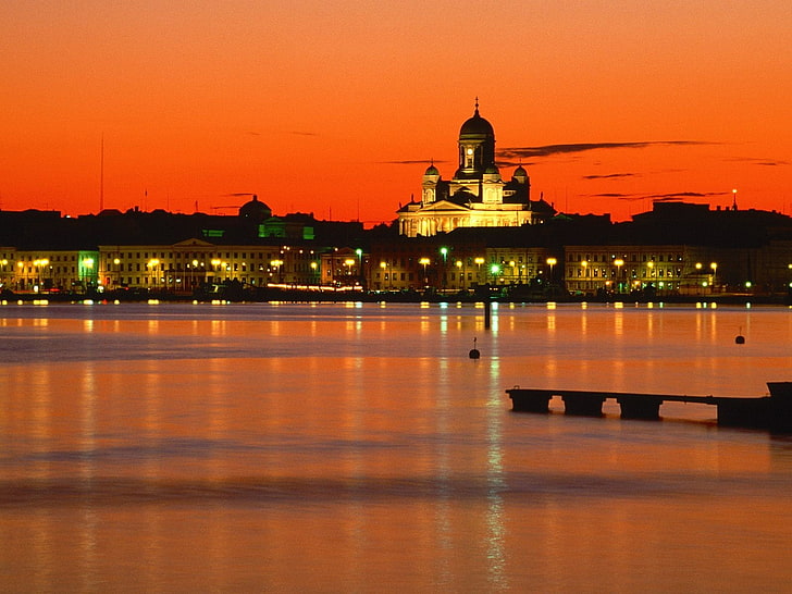 cityscape, architecture, Helsinki, dusk, city lights, built structure, HD wallpaper