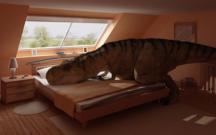 dinosaurs, bed, humor, house, indoors, window, no people, one animal