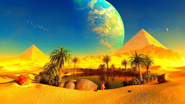 Fantasy, Landscape, Cat, Desert, Oasis, Planet, Pyramid, sky, HD wallpaper
