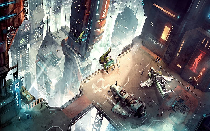 gray aircraft illustration, Star Citizen, video games, city, architecture, HD wallpaper