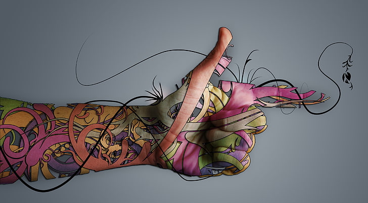 man arm artwork, hands, fingers, digital art, colorful, tattoo, HD wallpaper