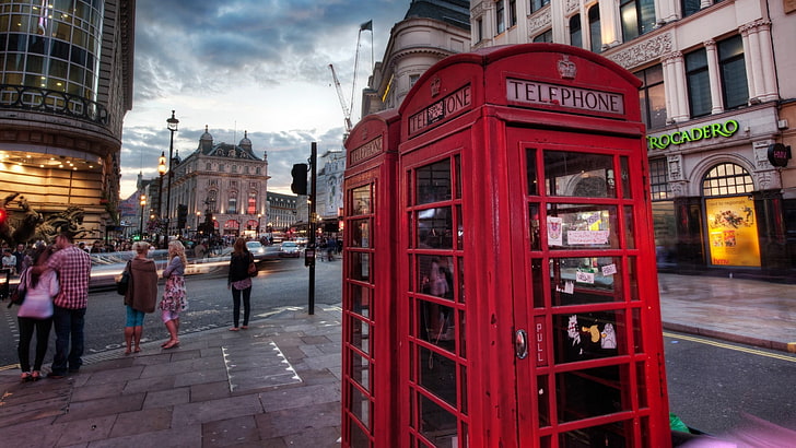 two red telephone booths, city, London, urban, architecture, building exterior, HD wallpaper