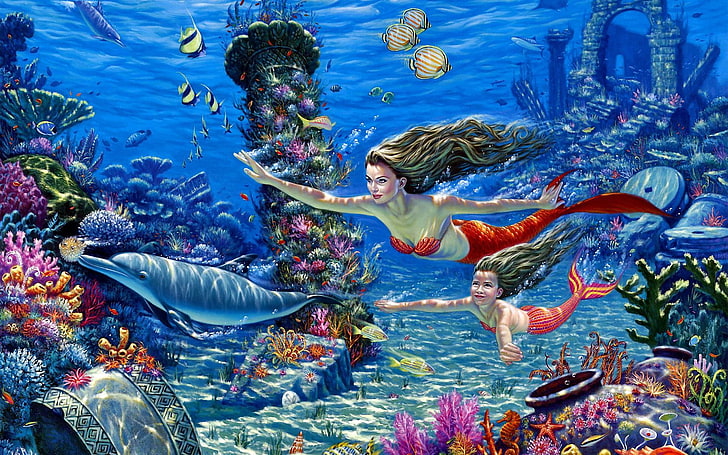 delfin, fantasia, fondo, hija, madre, mar, peces, sirenas, HD wallpaper