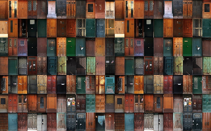 assorted-color door lot collage, wooden surface, large group of objects, HD wallpaper