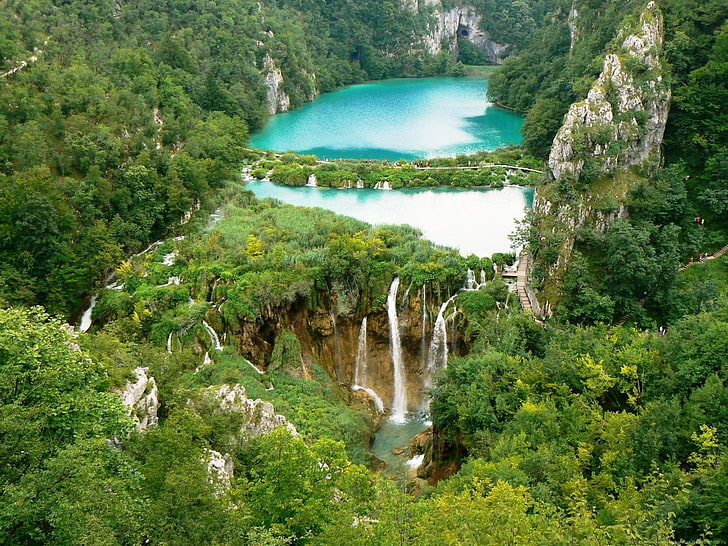 aerial view of green trees, Waterfalls, Croatia, Forest, Plitvice Lakes National Park