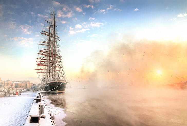 St. Petersburg, Russia, ship, urban, mist, ports, sailing ship, HD wallpaper
