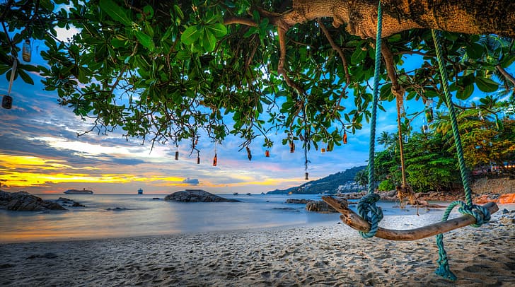 sand, sea, beach, trees, swing, coast, bottle, Thailand, Phuket, HD wallpaper