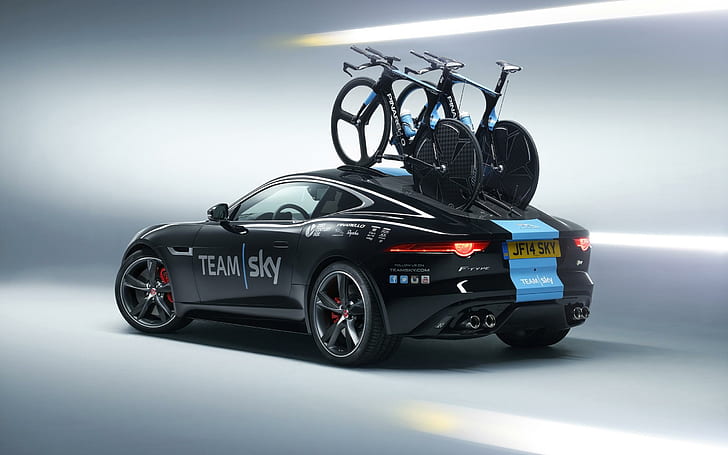 2014 Jaguar F Type Coupe Tour de France 3, black team sky sports car and 2 road bikes