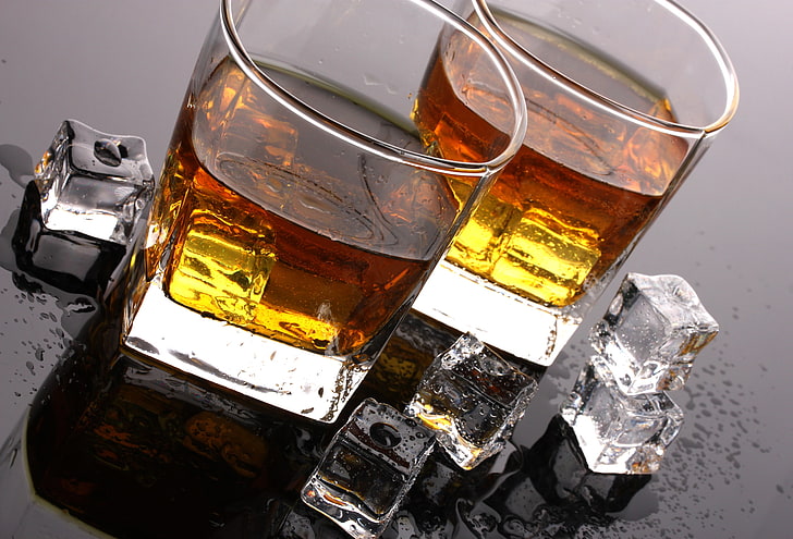 two clear drinkin glass cups, ice, drops, table, cubes, glasses, HD wallpaper
