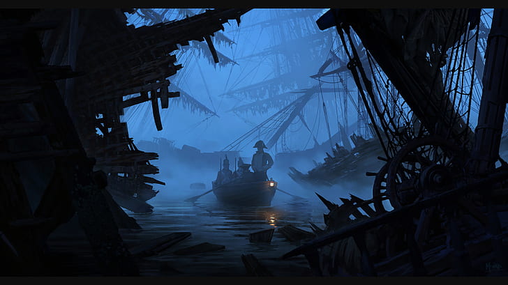 pirates, ship, wreck, mist, HD wallpaper