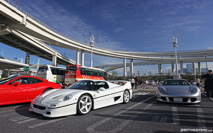 Porsche Carrera GT Ferrari F50 Overpass Parking Lot HD, white sports car, HD wallpaper
