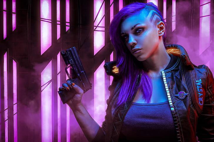 Video Game, Cyberpunk 2077, Gun, Purple Hair