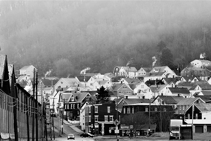 borough, cars, chimney smoke, hillside, homes, houses, pennsylvania, HD wallpaper