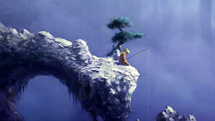 man fishing on cliff cover, artwork, Japan, fantasy art, one person