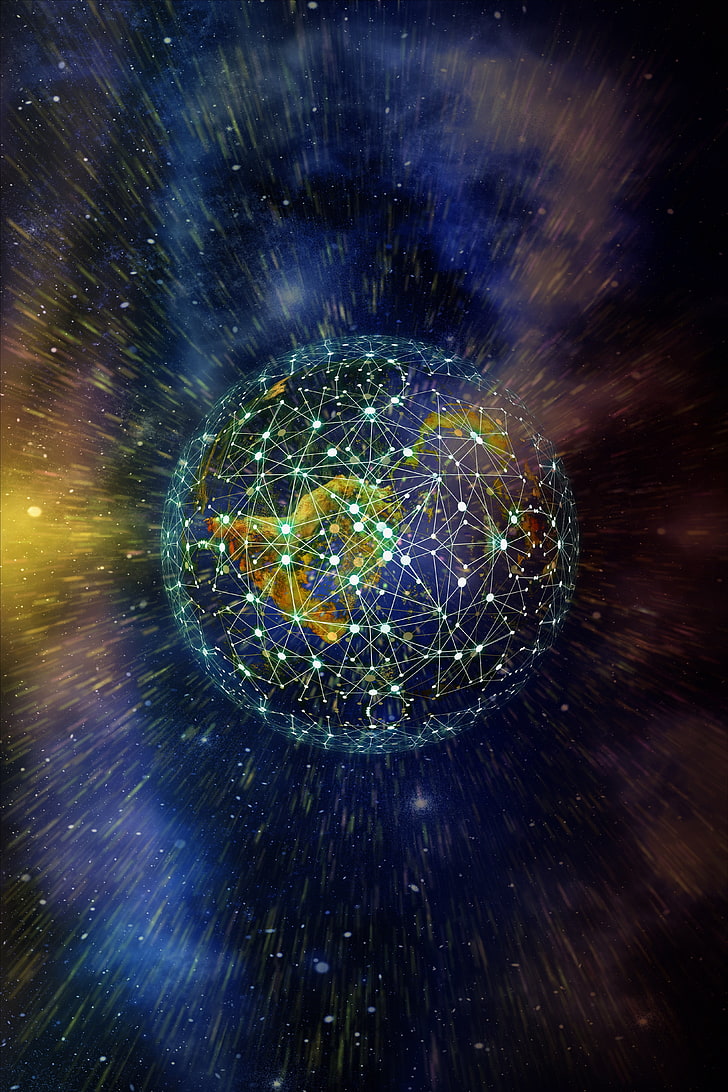 symmetrical earth digital wallpaper, planet, plexus, nets, outer space