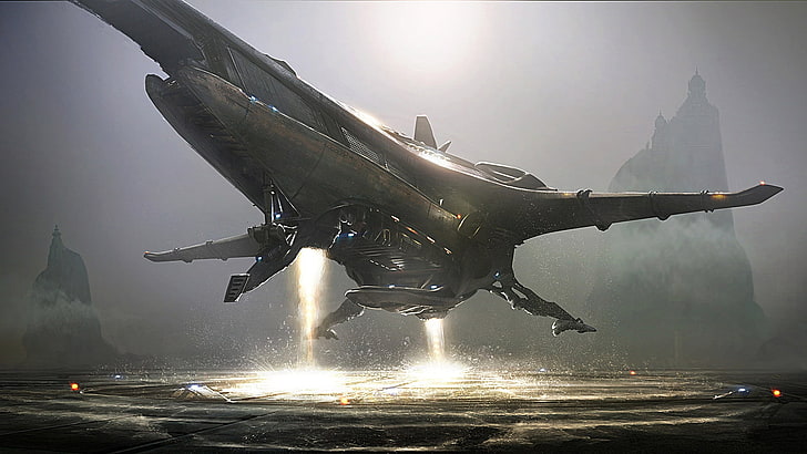 gray space craft illustration, black battleship digital wallpaper