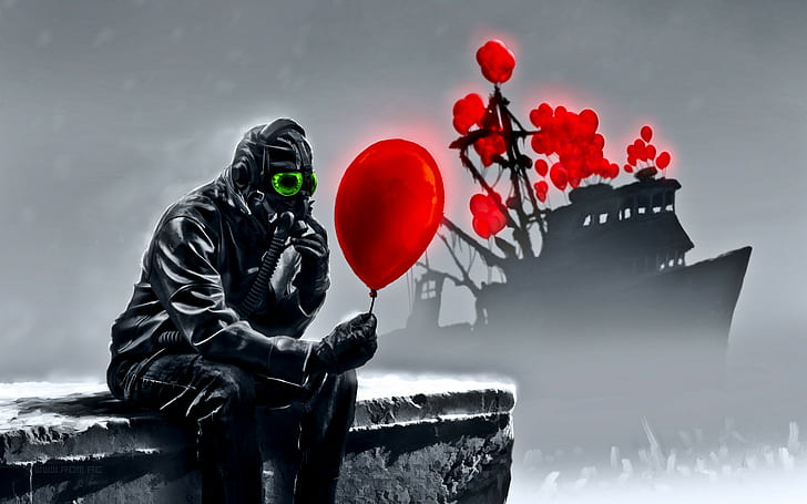 gas masks, apocalyptic, Romantically Apocalyptic, balloon, Vitaly S Alexius, HD wallpaper