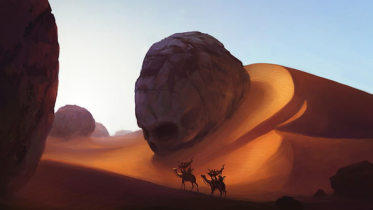 desert, camels, skull, dune, fantasy art, artwork, digital art