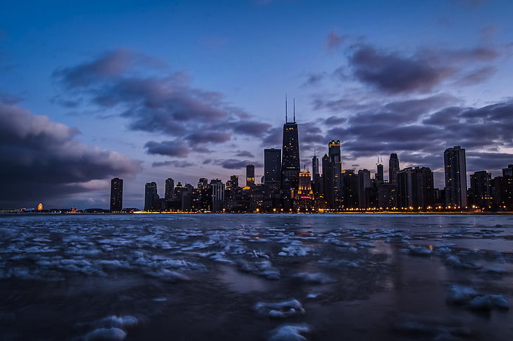 the sky, clouds, lake, Chicago, twilight, frozen, lake Michigan, HD wallpaper