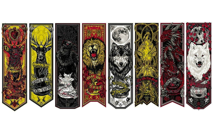 Game of Thrones house crests, assorted yellow, red and black wolf banners