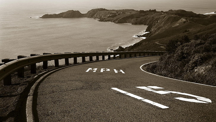 grayscale photo of empty road, landscape, coast, water, direction, HD wallpaper